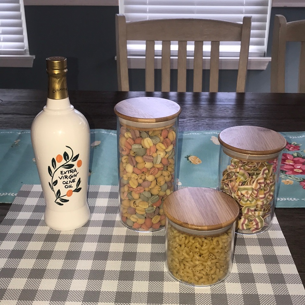 Cute Italian decor. Glass pasta holders.